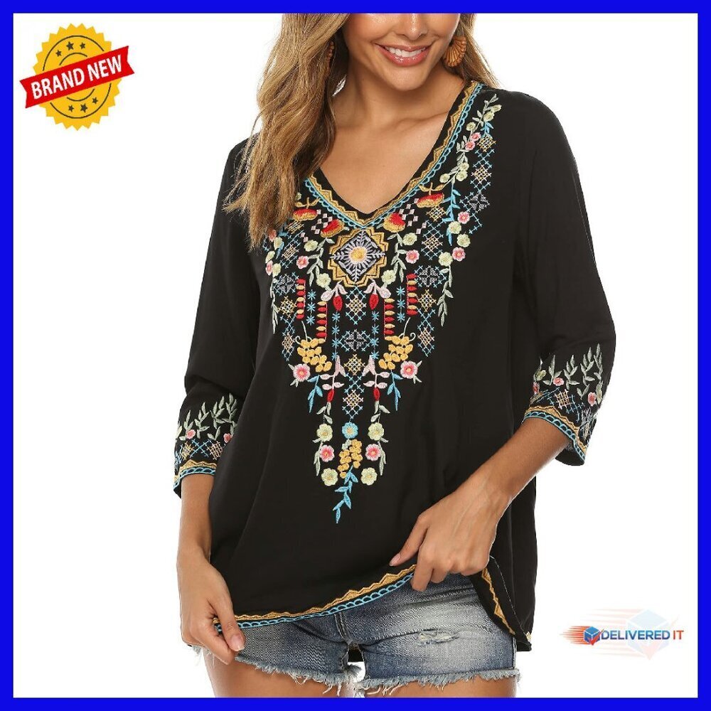 Rayon Embroidered Boho Blouse Summer Casual Top Floral